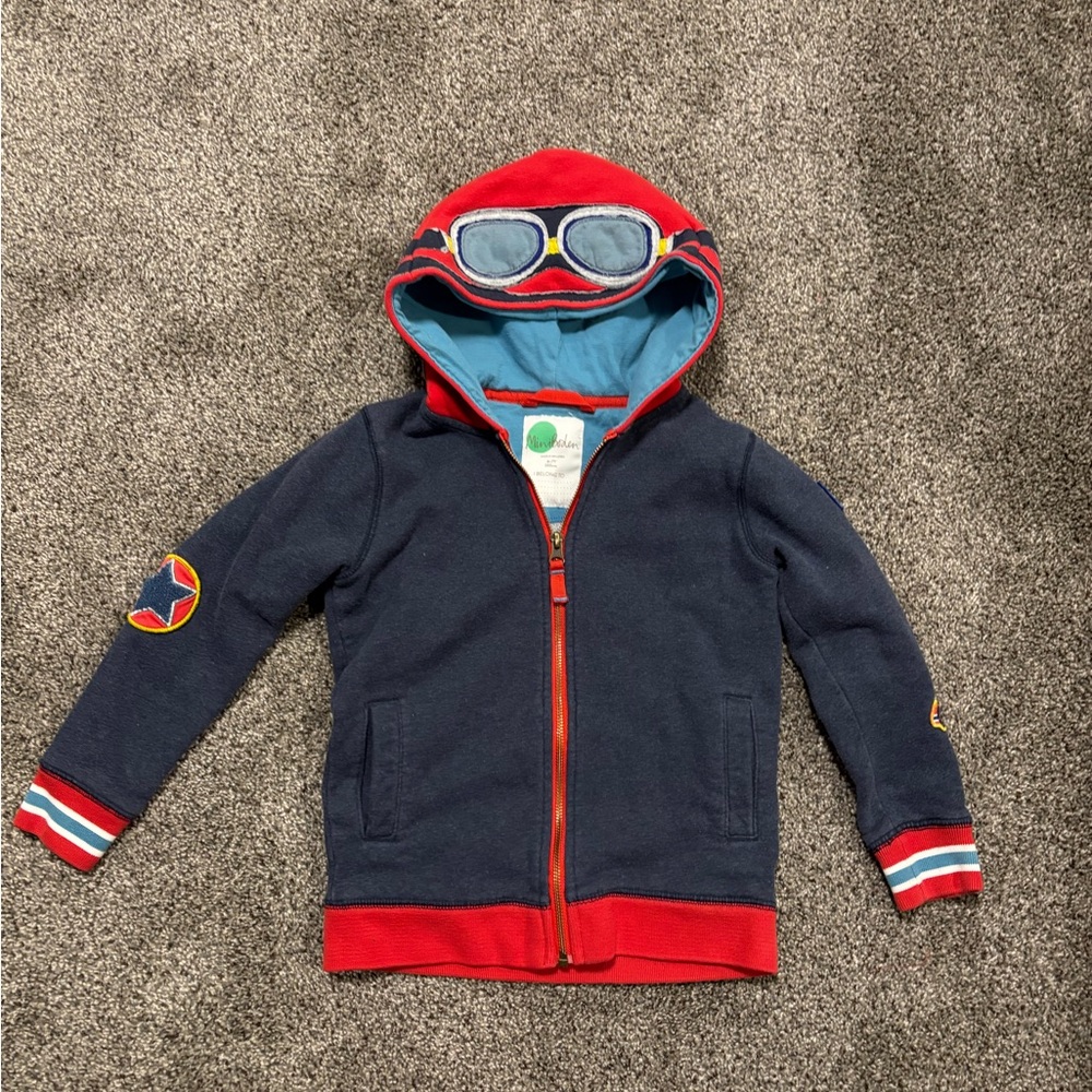 Mini Boden Navy Blue and Red Kids Hoodie Race Car